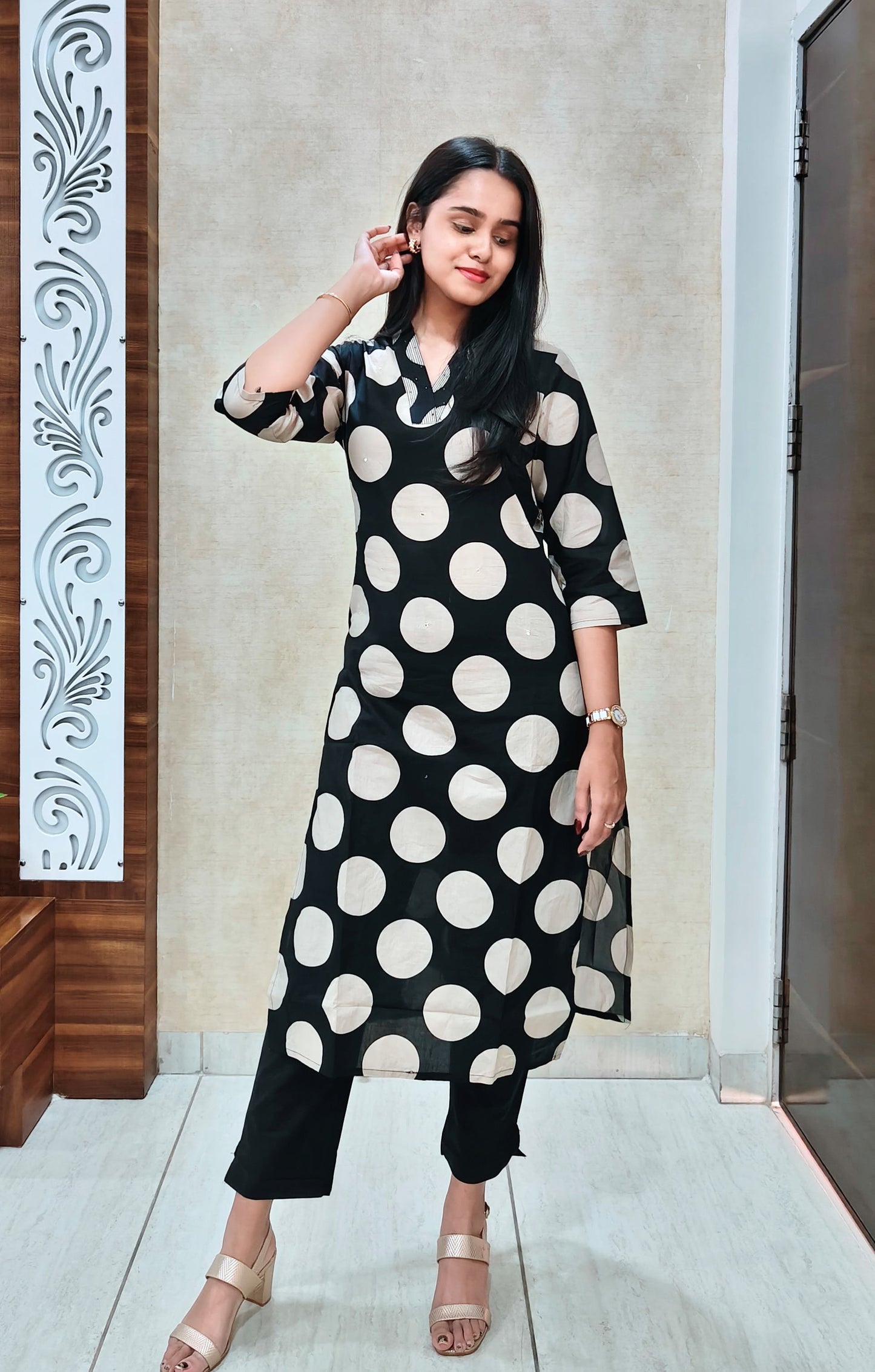 Black Polka Dot Kurta Pant Set | Chic Daily & Office Wear