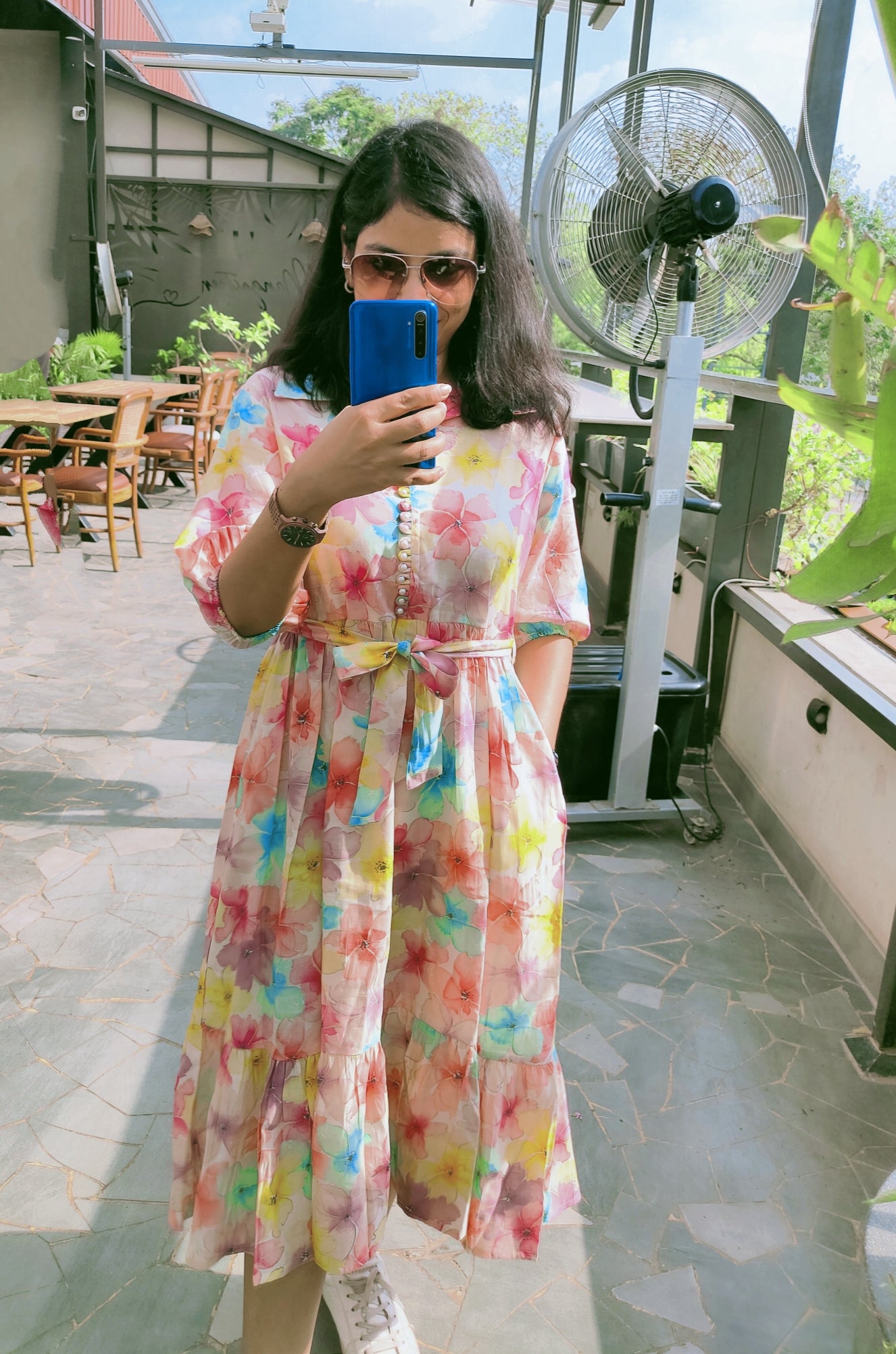 Pastel Floral Muslin Fit & Flare Midi Dress with Pocket