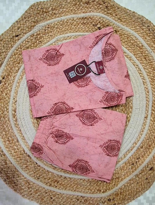 Blush Pink Leaf Print Cotton Co-Ord Set