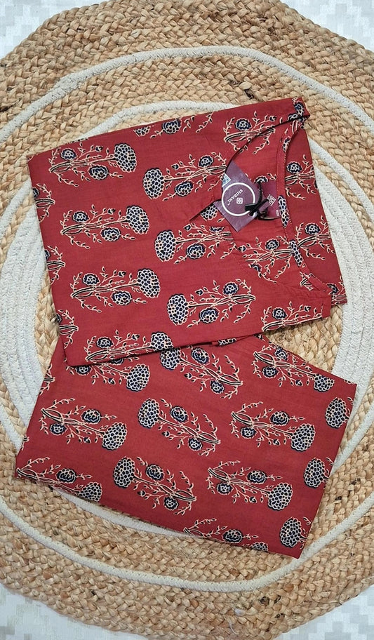 Marron Floral Print Cotton Co-Ord Set