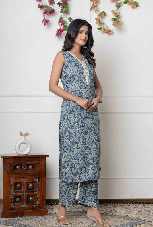 Sleeveless Blue Paisley Kurta Pant Set – Pure Cotton