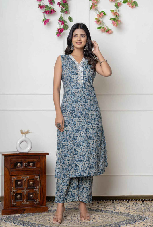 Sleeveless Blue Paisley Kurta Pant Set – Pure Cotton