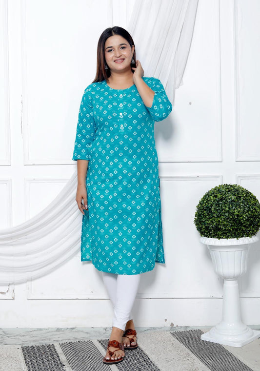 Turquoise Straight Cotton Kurta with White Prints and Side Pockets