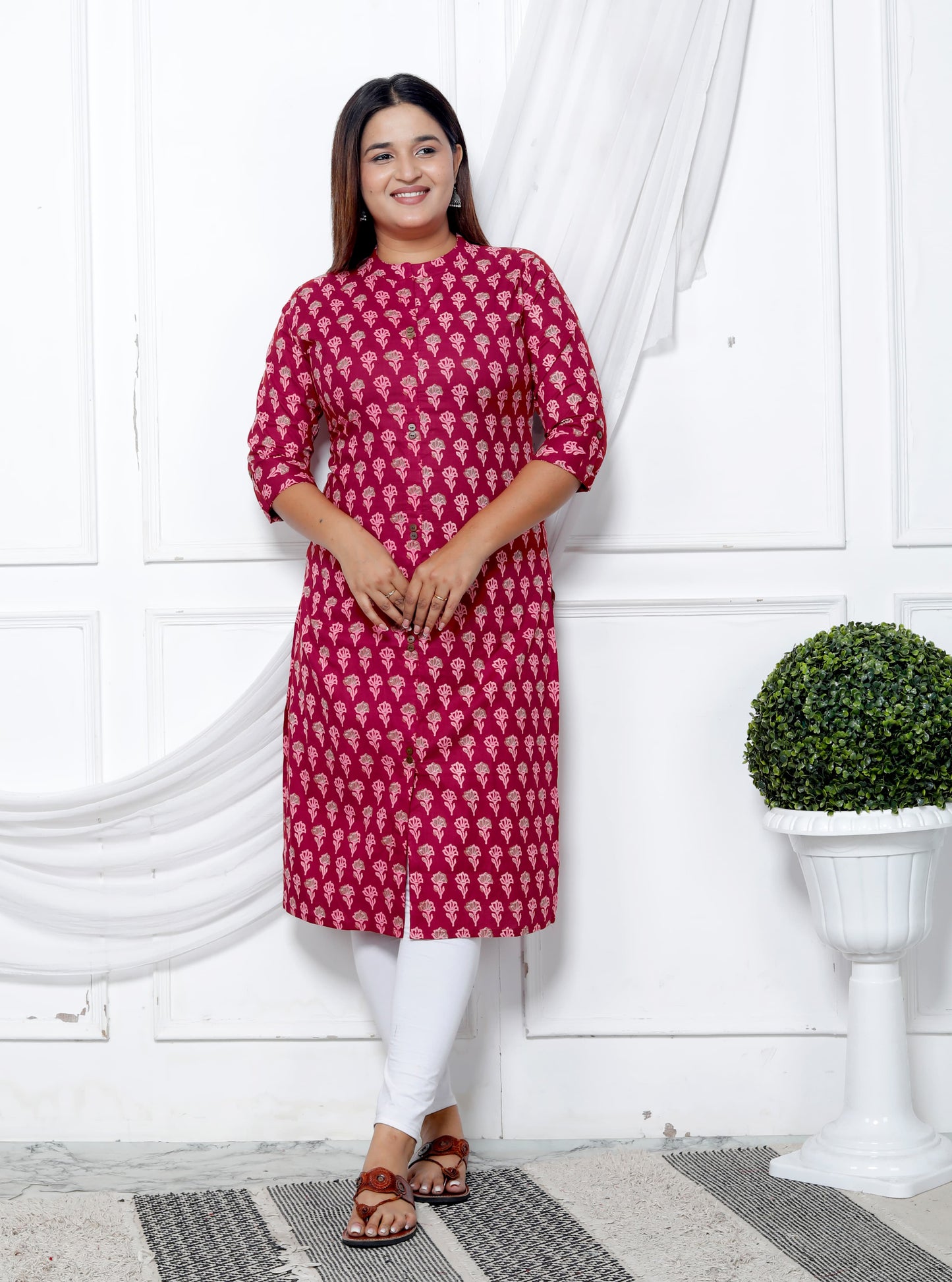 Maroon A-Line Cotton Kurta with Hand Block Print and Side Pockets
