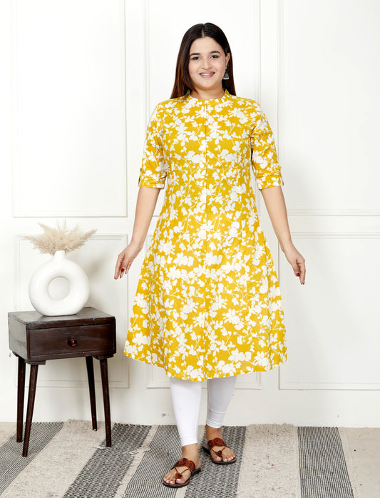 Yellow Floral A-Line Cotton Kurta with Side Pockets