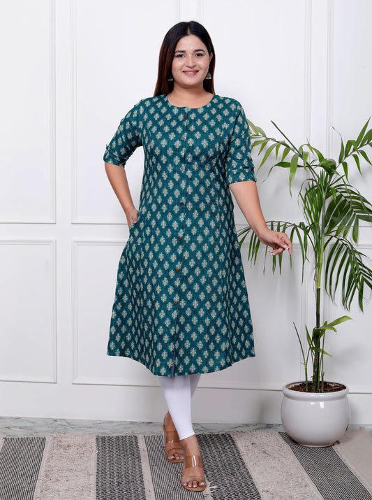 Teal Green Cotton Printed A Line Kurti