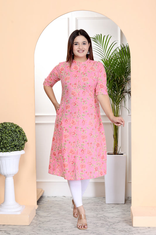 Pink Floral Cotton A Line Kurti with Sequence Work
