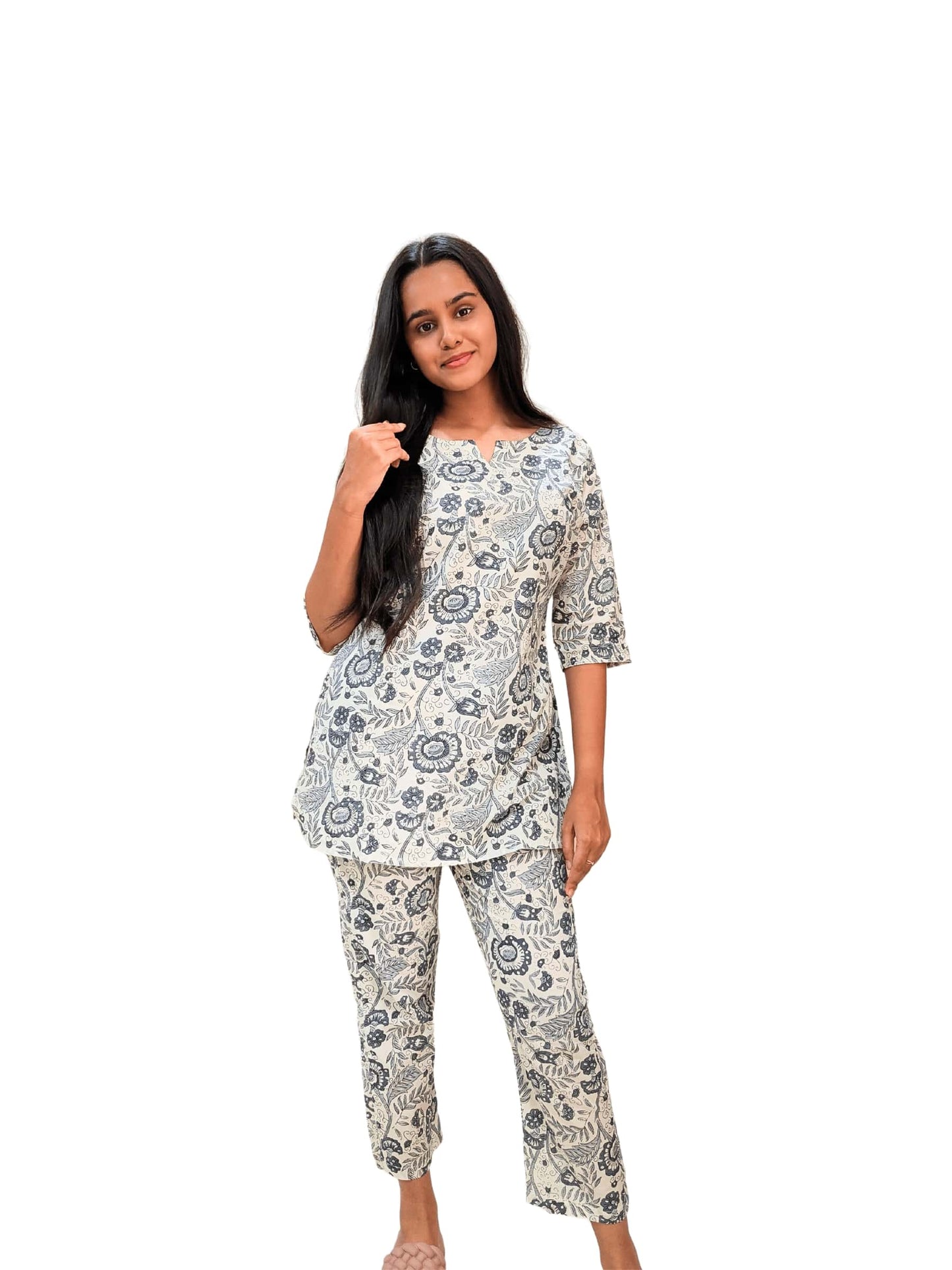 Off White Floral Cotton Co-ord Set