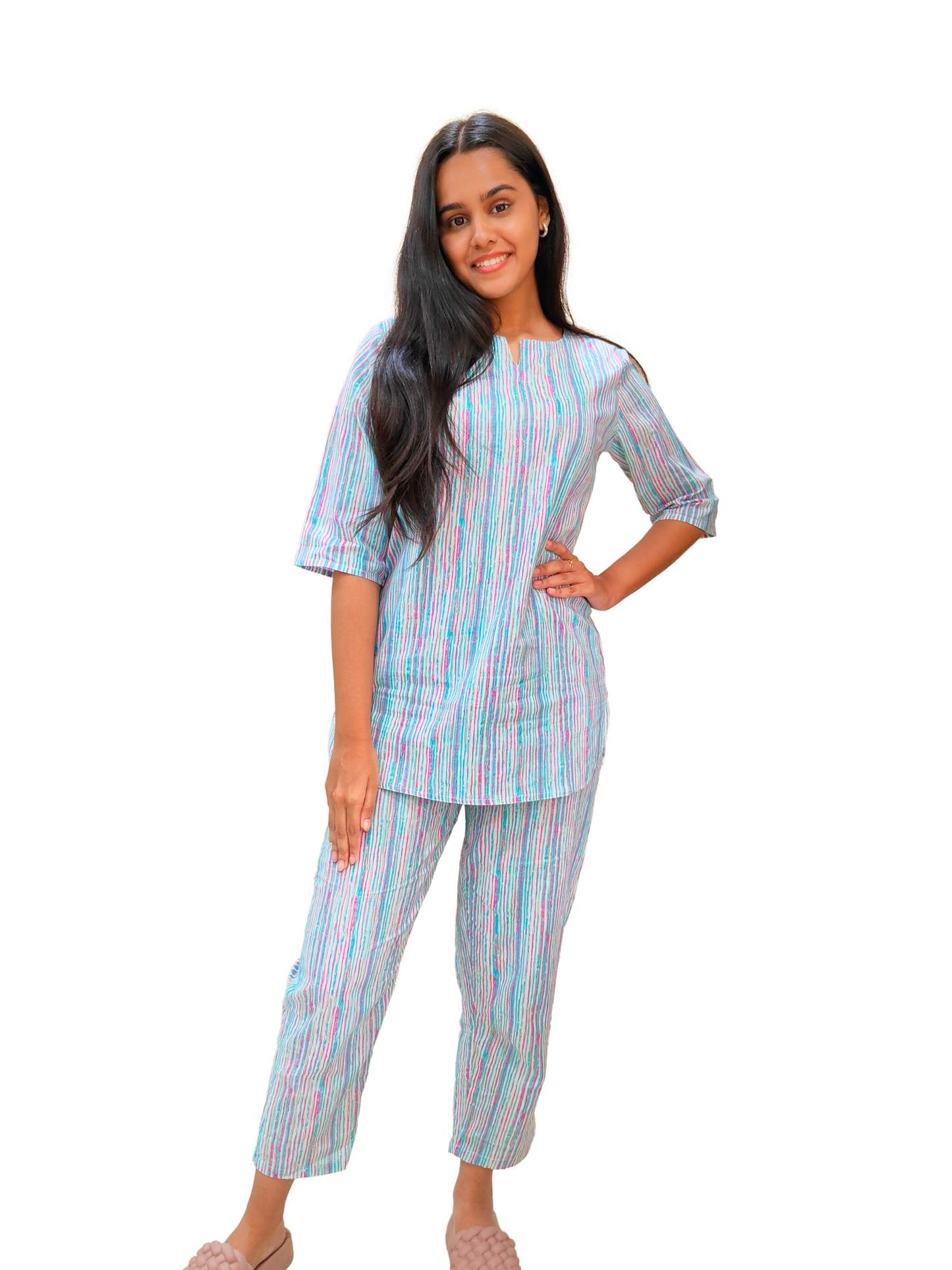 Sky Blue Striped Cotton Co-ord Set