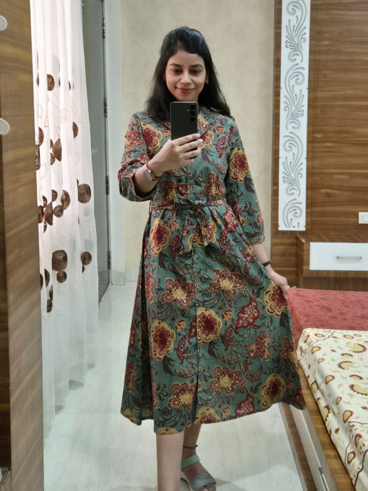 Floral Print Cotton Midi Shirt Dress with Pockets for Women