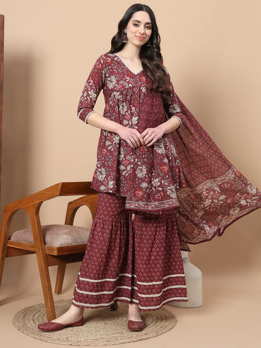 Maroon Cotton Alia Cut Kurta with Sharara Pant & Dupatta