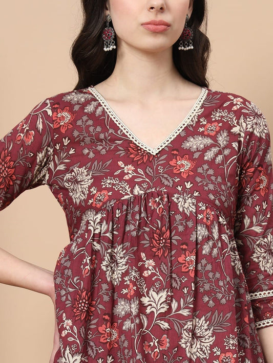 Maroon Cotton Alia Cut Kurta with Sharara Pant & Dupatta