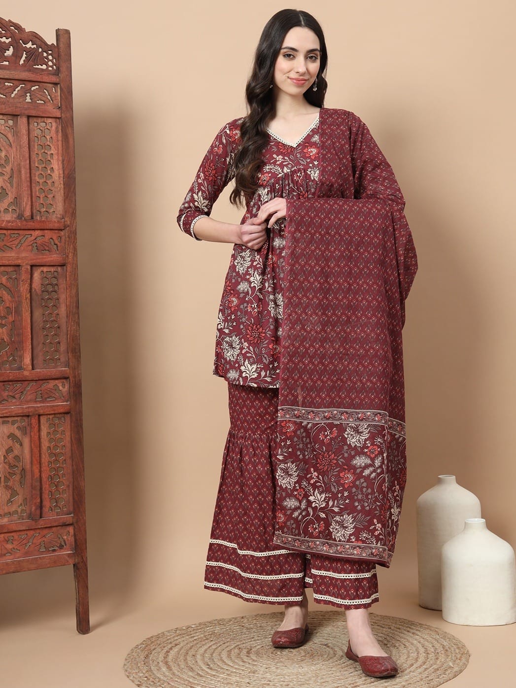 Maroon Cotton Alia Cut Kurta with Sharara Pant & Dupatta