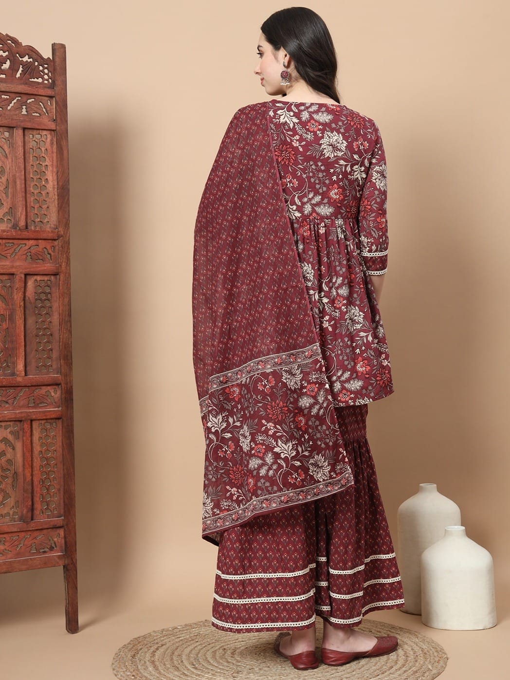 Maroon Cotton Alia Cut Kurta with Sharara Pant & Dupatta