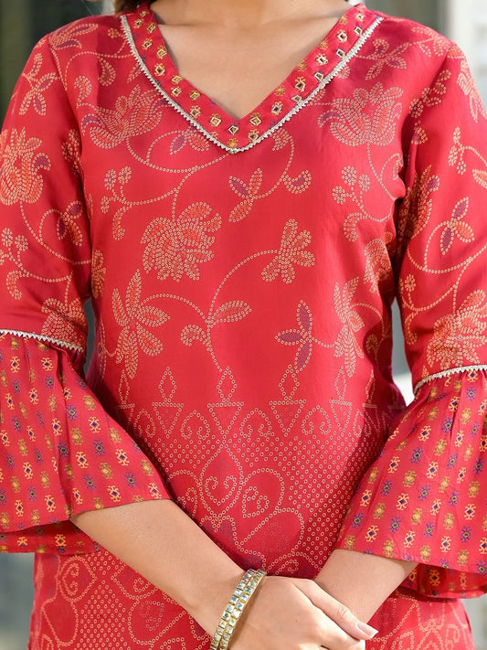 Red Silk Blend Bandhani Print Sharara Suit with Lace Detailing