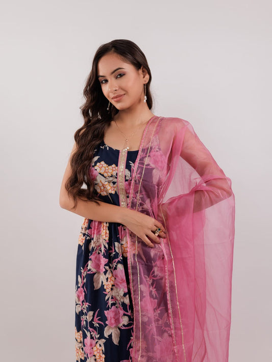 Navy Blue Floral Cotton Kurta Set with Pink Organza Dupatta & Gota Patti Work