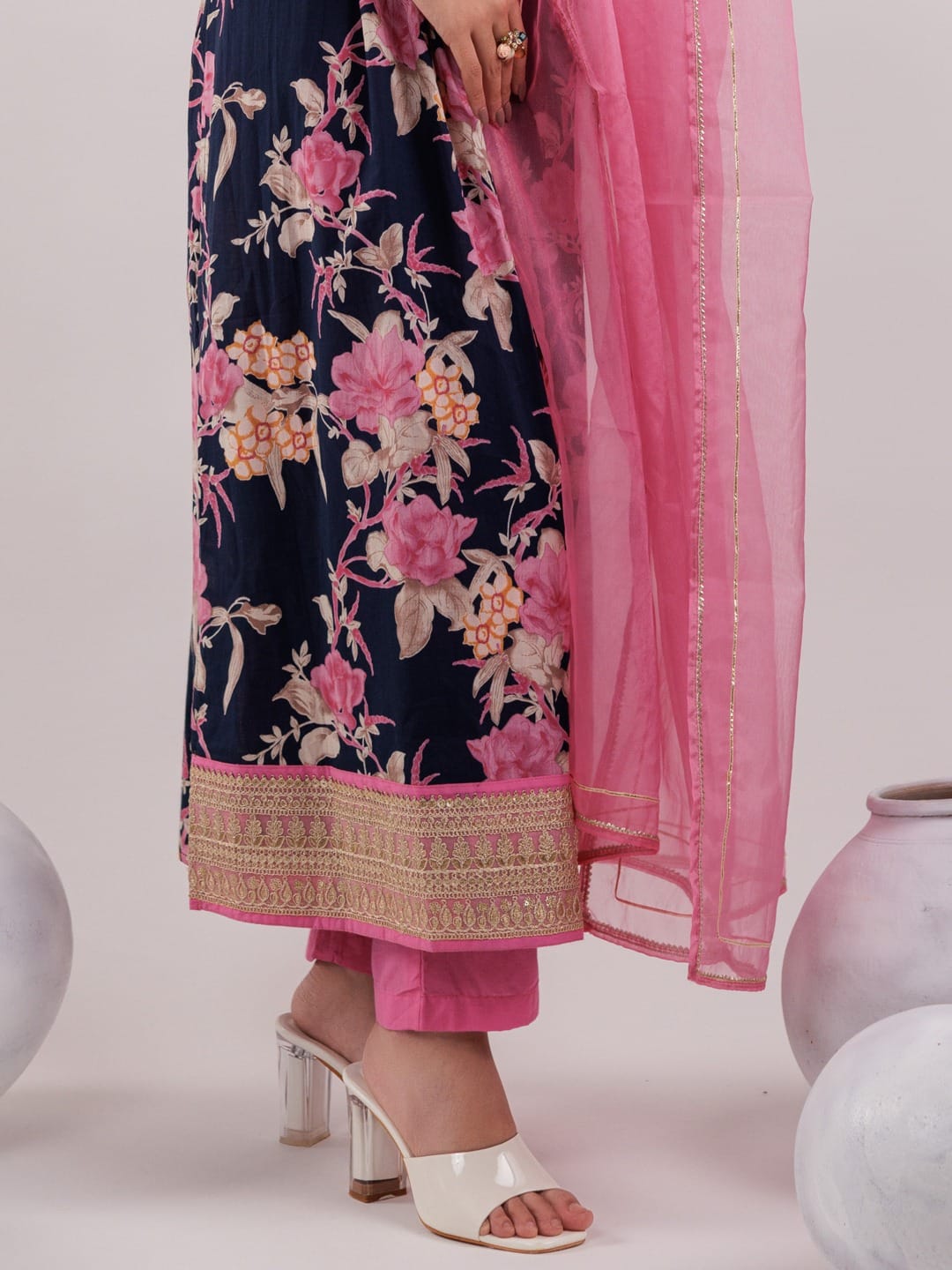 Navy Blue Floral Cotton Kurta Set with Pink Organza Dupatta & Gota Patti Work