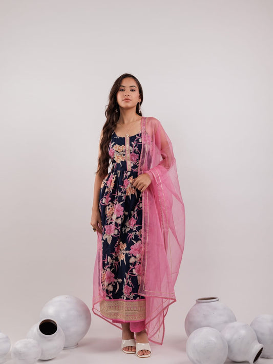 Navy Blue Floral Cotton Kurta Set with Pink Organza Dupatta & Gota Patti Work