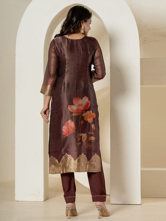 Brown Tissue Silk Suit with Brocade & Handwork Detailing