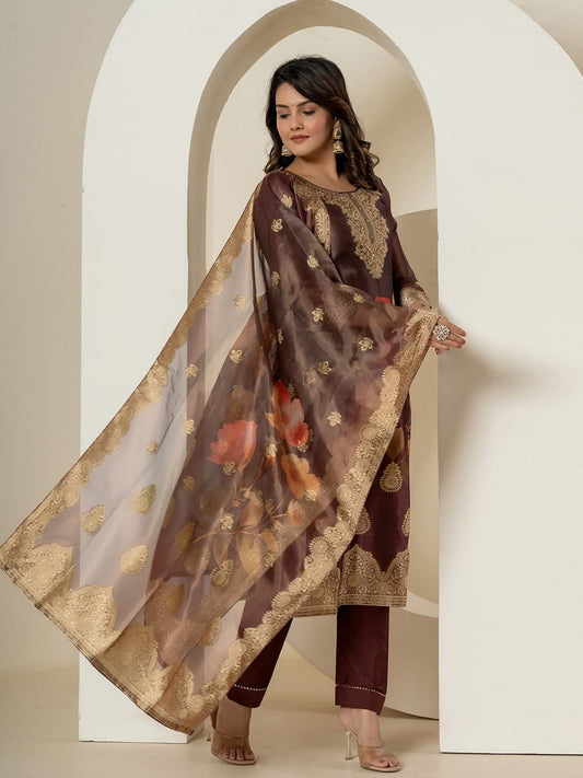 Brown Tissue Silk Suit with Brocade & Handwork Detailing