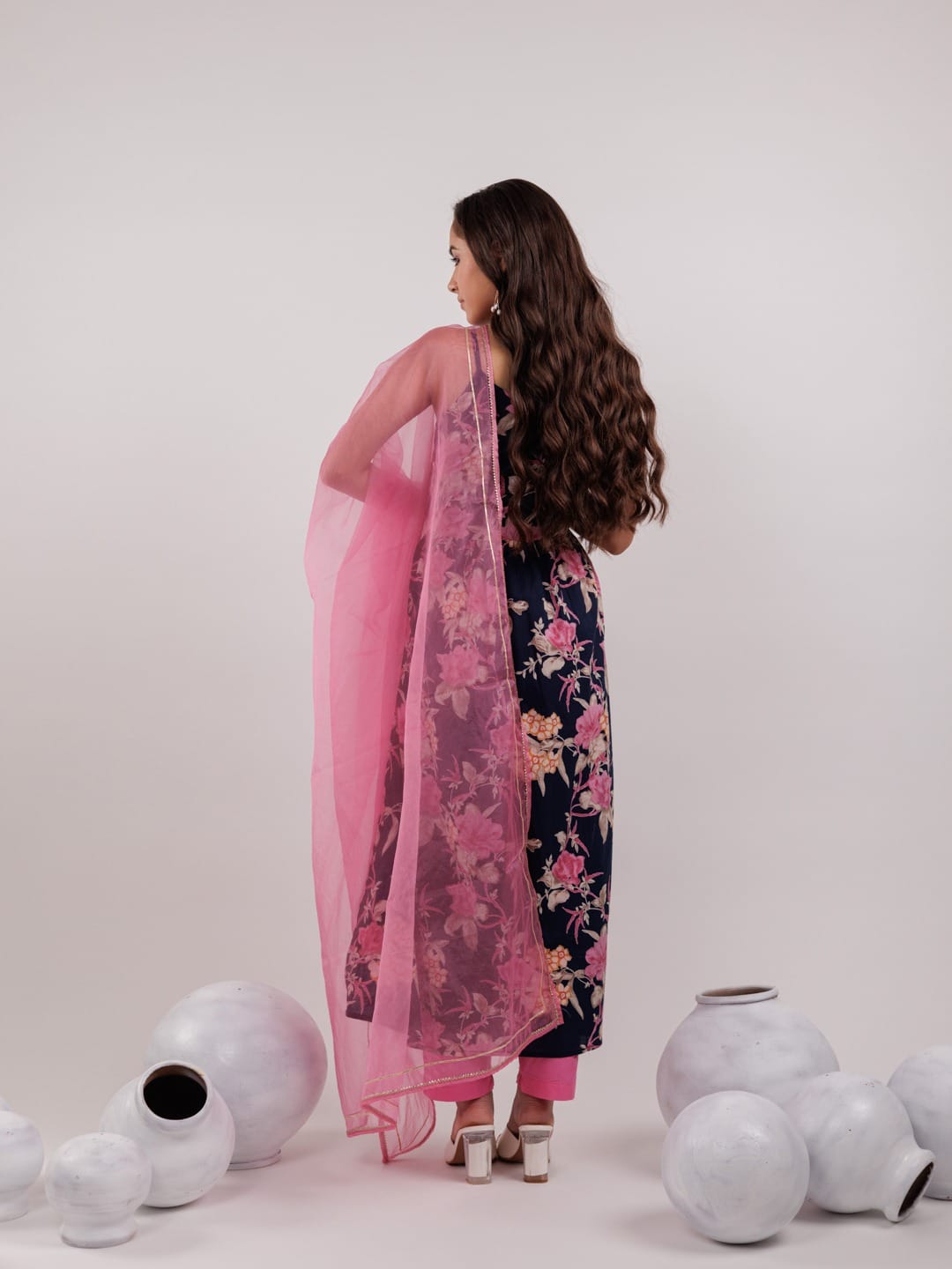 Navy Blue Floral Cotton Kurta Set with Pink Organza Dupatta & Gota Patti Work
