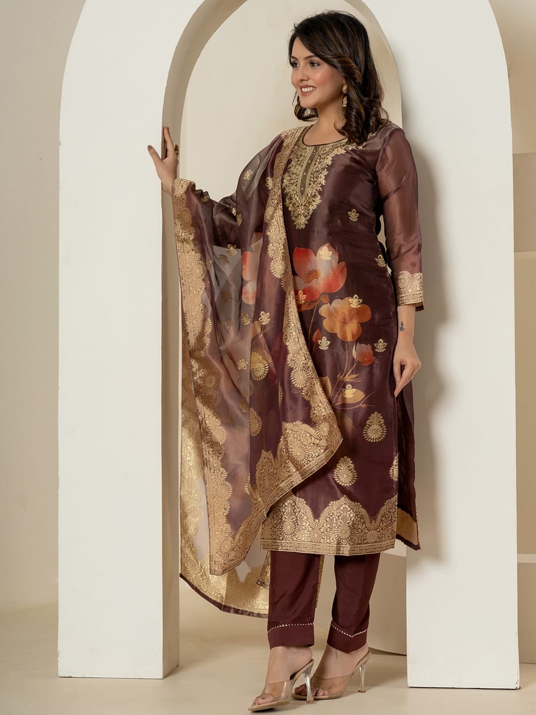 Brown Tissue Silk Suit with Brocade & Handwork Detailing