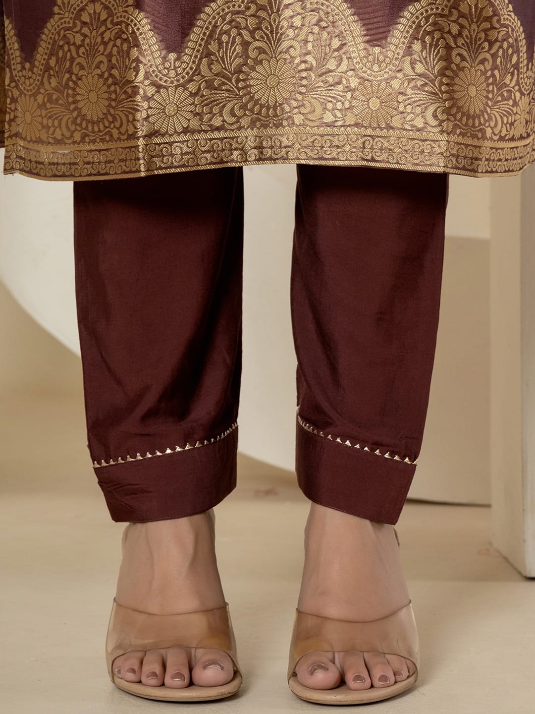 Brown Tissue Silk Suit with Brocade & Handwork Detailing