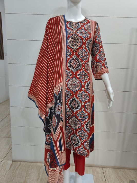 Rust Crepe Silk Ajrakh Print Panel Kurta Set with Dupatta