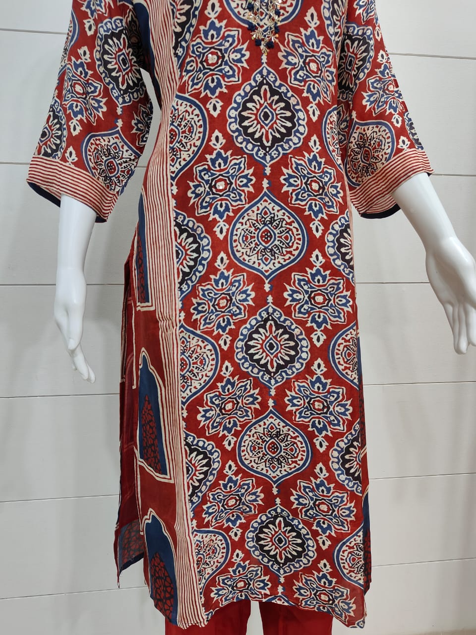 Rust Crepe Silk Ajrakh Print Panel Kurta Set with Dupatta