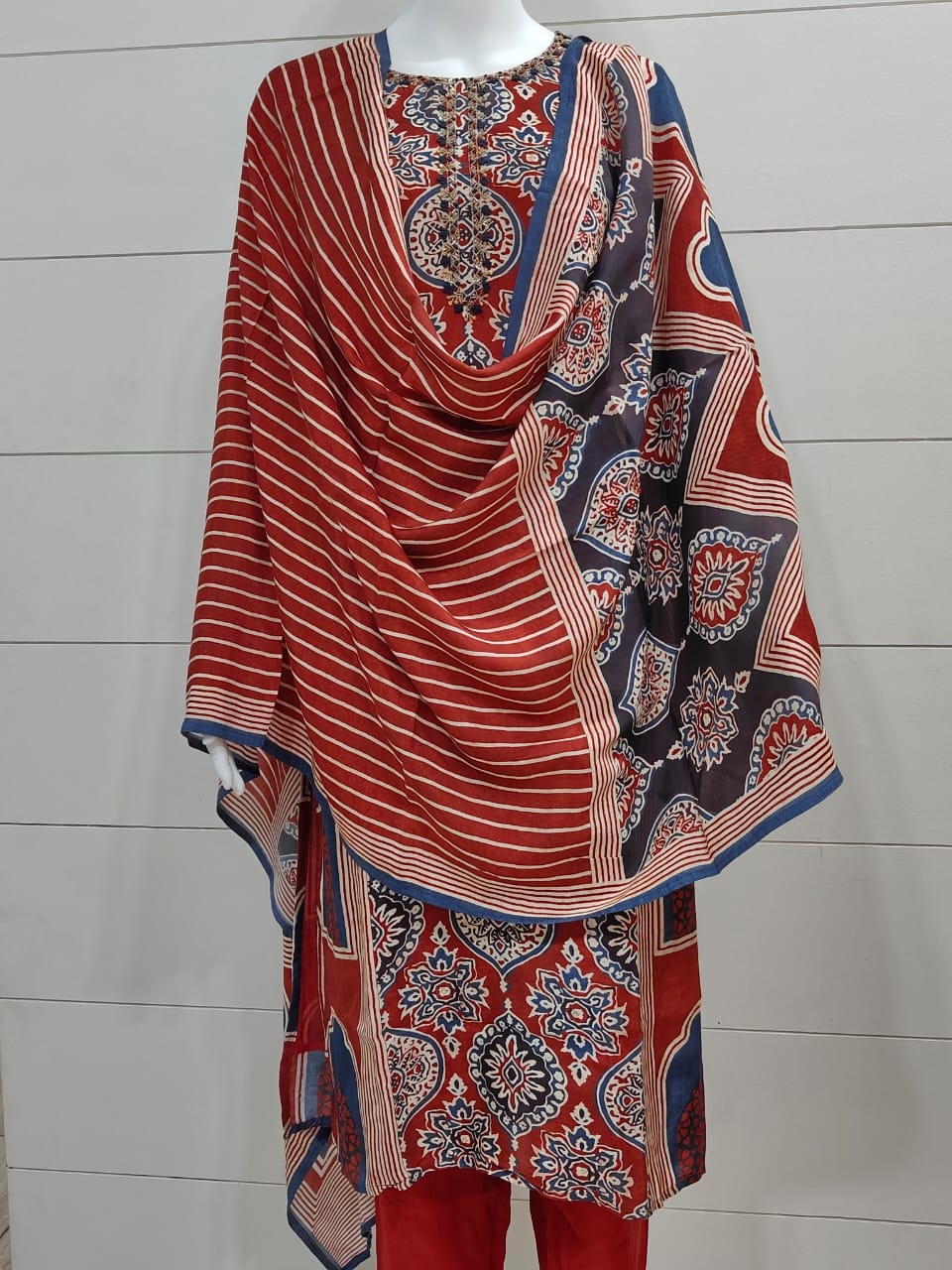 Rust Crepe Silk Ajrakh Print Panel Kurta Set with Dupatta