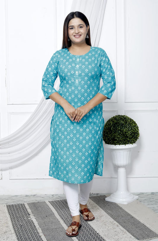 Turquoise Straight Cotton Kurta with White Prints and Side Pockets