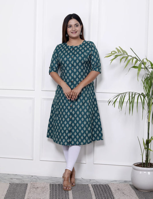 Teal Green Cotton Printed A Line Kurti