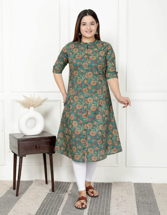 Green Floral A-Line Cotton Kurta with Side Pockets