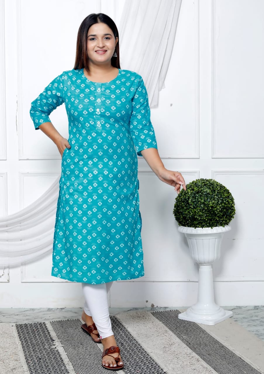Turquoise Straight Cotton Kurta with White Prints and Side Pockets