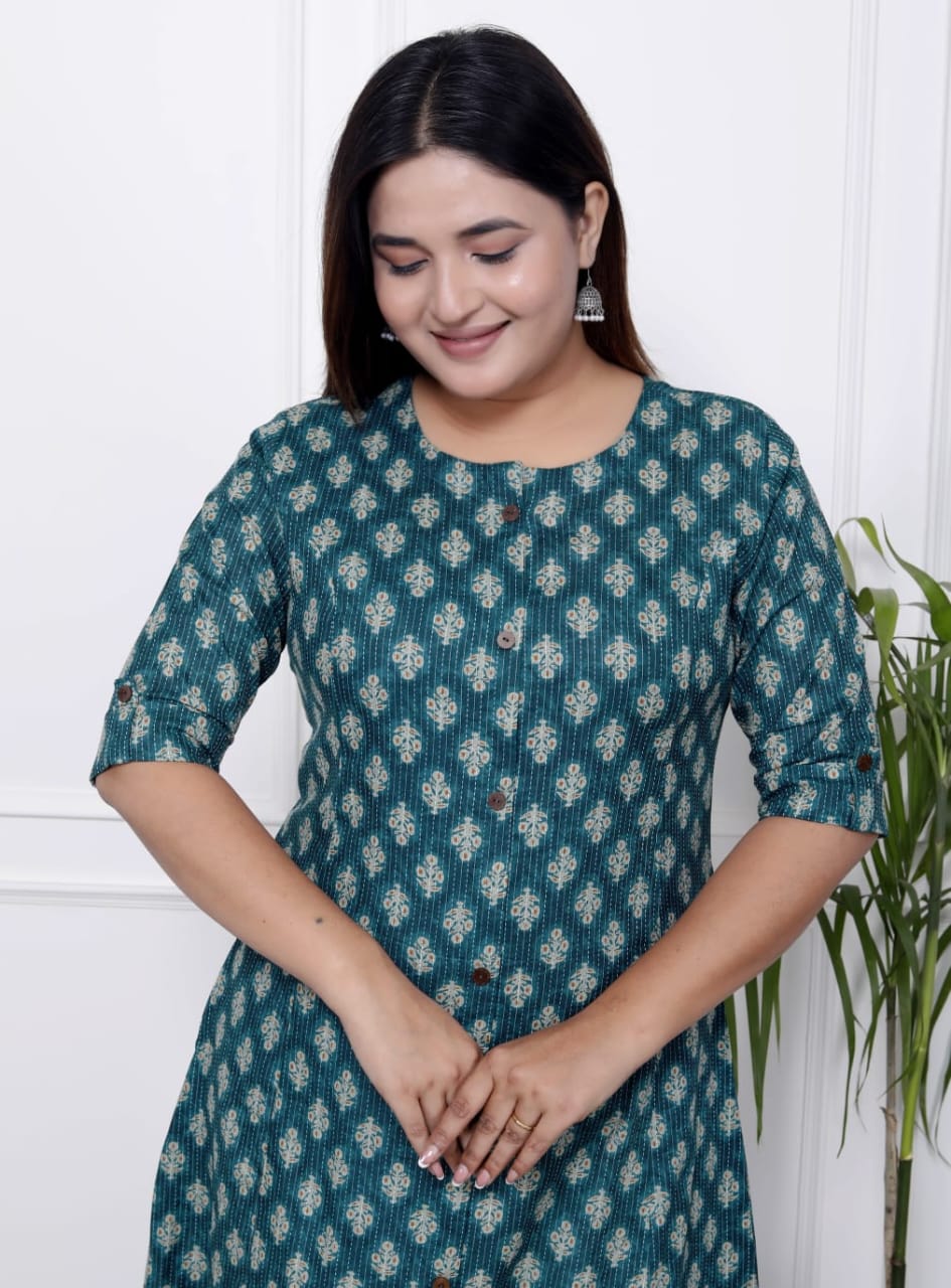Teal Green Cotton Printed A Line Kurti