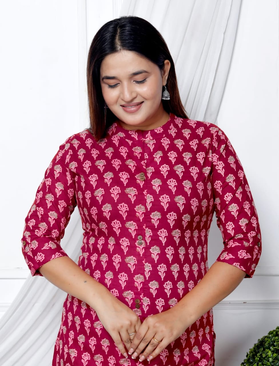 Maroon A-Line Cotton Kurta with Hand Block Print and Side Pockets