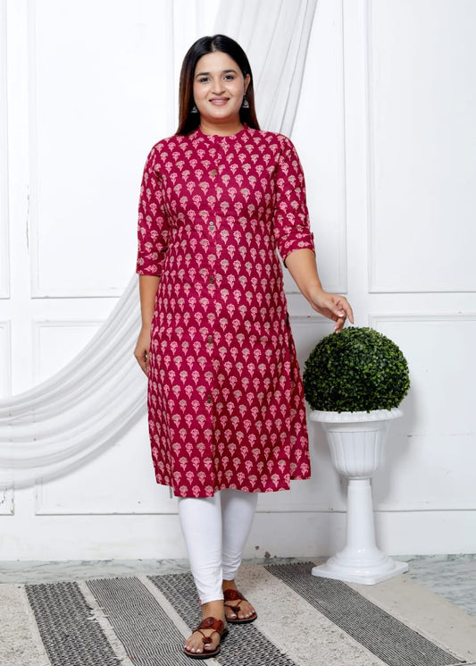 Maroon A-Line Cotton Kurta with Hand Block Print and Side Pockets