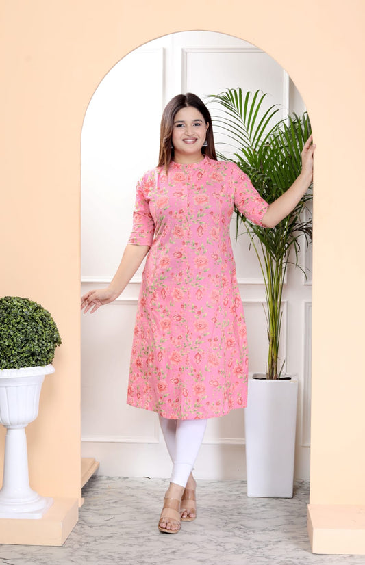 Pink Floral Cotton A Line Kurti with Sequence Work