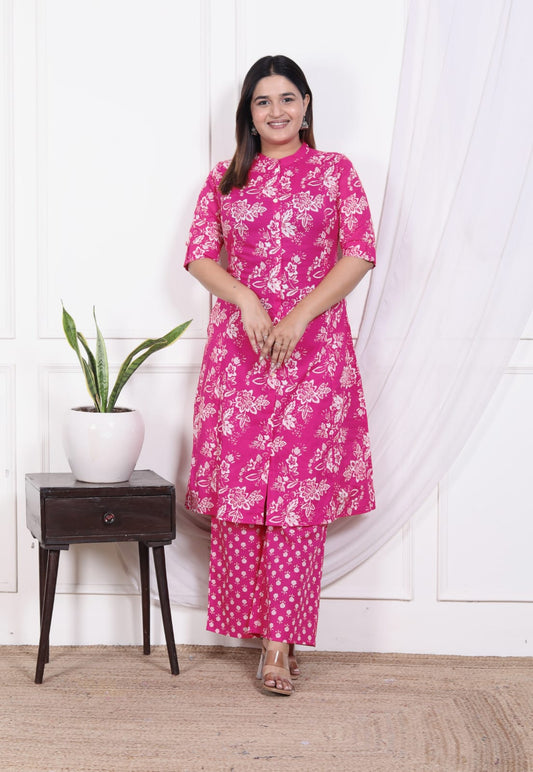 Hot Pink Floral Printed Pure Cotton Kurta Pant Set