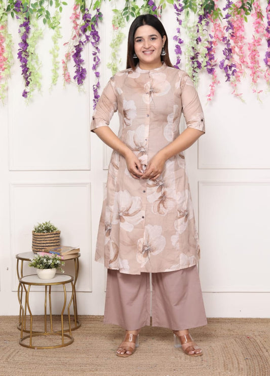 Beige Floral Cotton Kurta Set with Palazzo