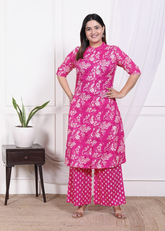 Hot Pink Floral Printed Pure Cotton Kurta Pant Set