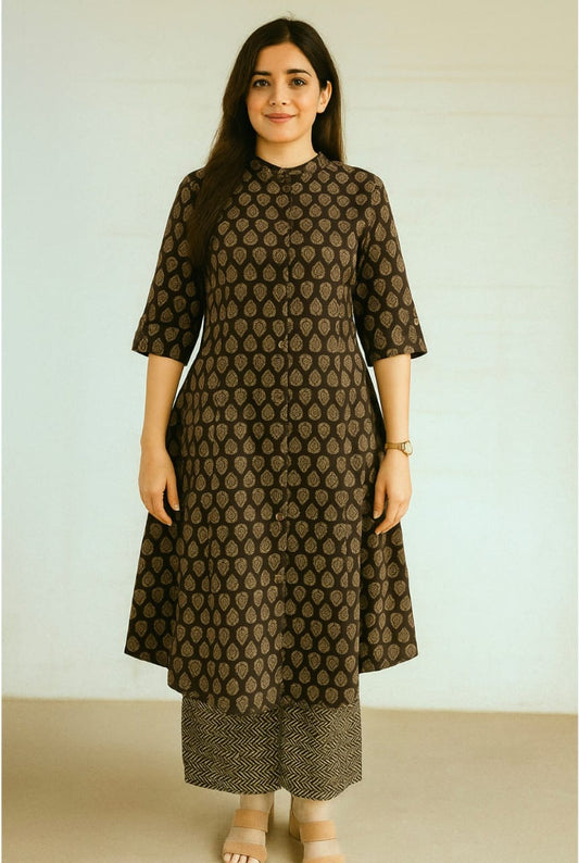Black Cotton Kurta Set with Block Print Detailing