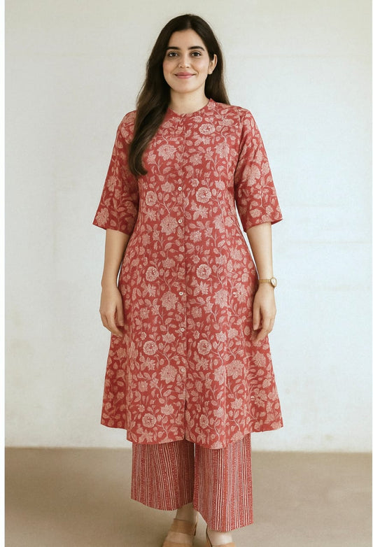 Rust Red Cotton Floral Printed Kurta Set
