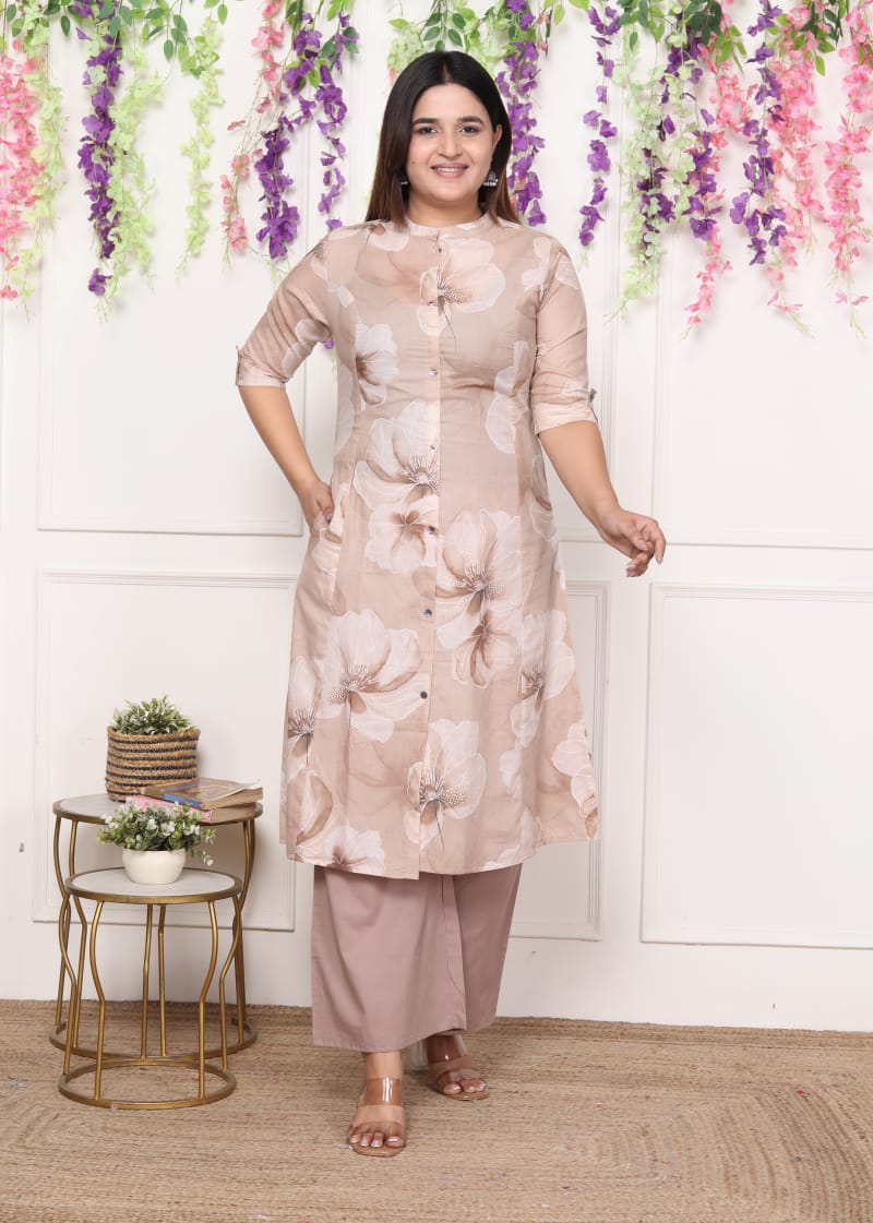 Beige Floral Cotton Kurta Set with Palazzo