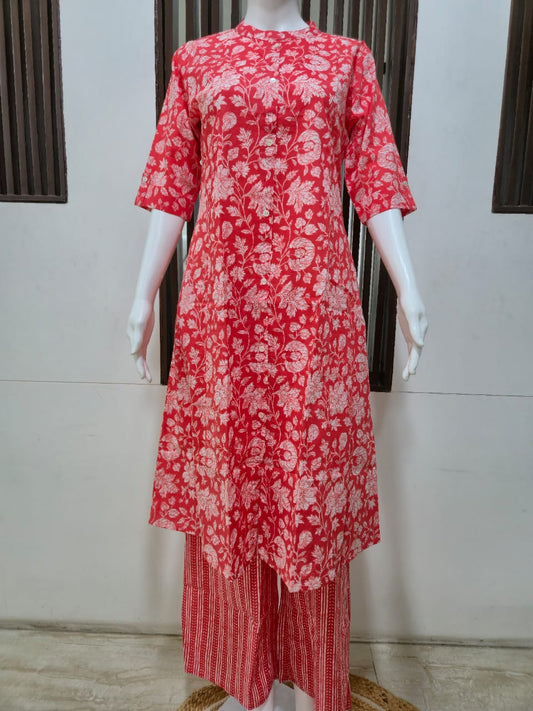 Rust Red Cotton Floral Printed Kurta Set