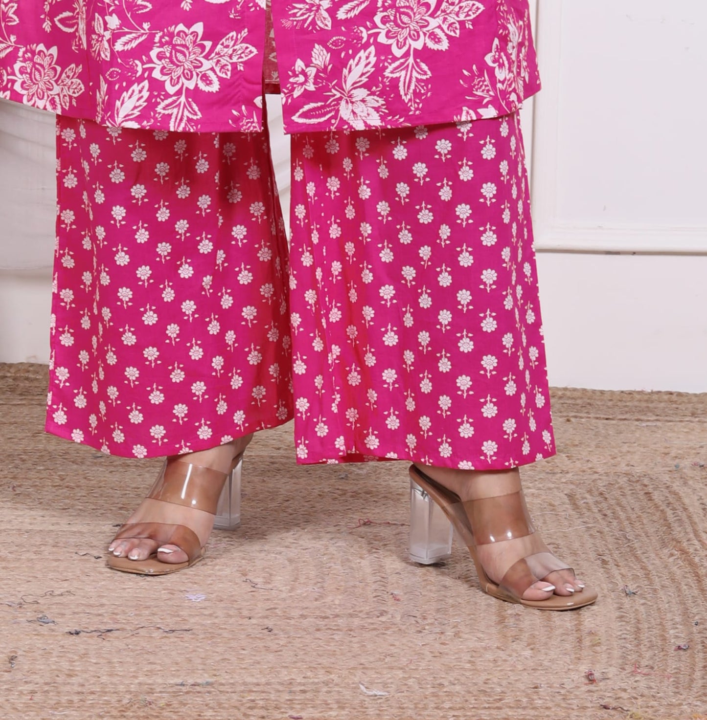 Hot Pink Floral Printed Pure Cotton Kurta Pant Set