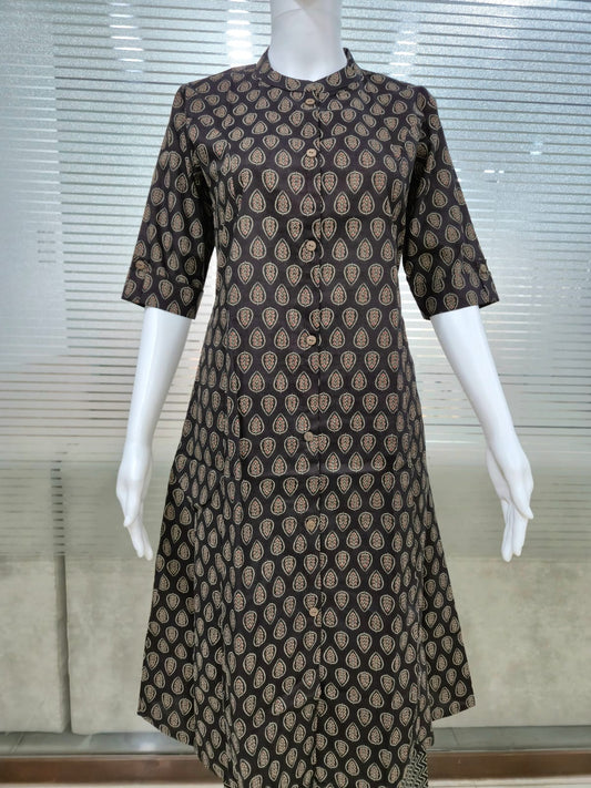 Black Cotton Kurta Set with Block Print Detailing