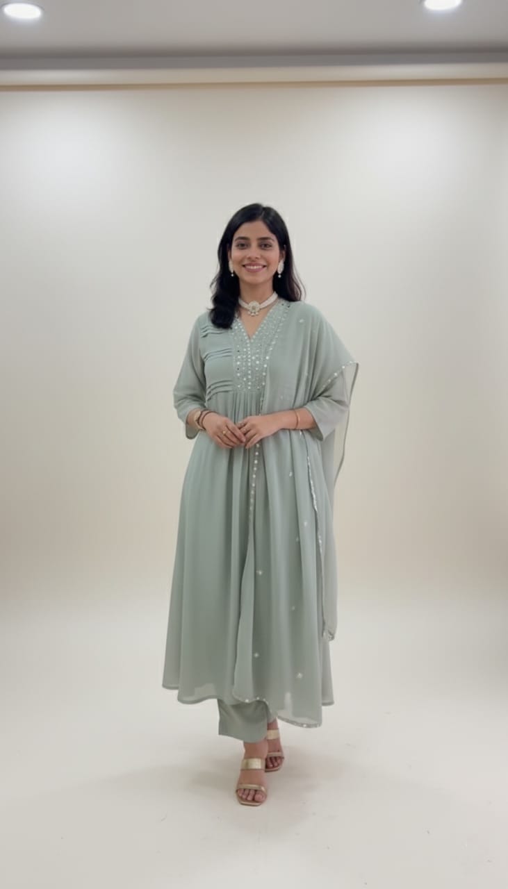Elegant Mint Green Kurta Set with Mirror Work Detailing