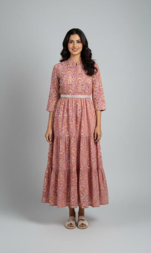 Shibani Pink Cotton Gown with Foil Print & Mirror Work Belt