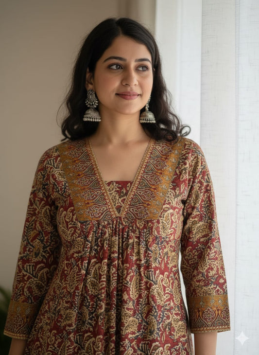 Shibani Kalamkari Cotton Kurta – V-Neck Detailing & Block-Print Hem